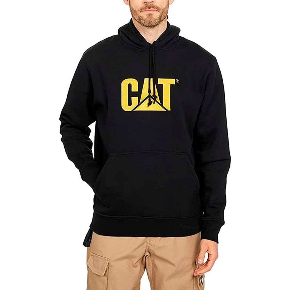 CAT Caterpillar Heavy Black and Yellow Trademark Logo Hoodie Sweatshirt/Pullover